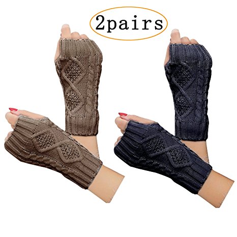 2 Pair Women's Hand Crochet Winter Warm Fingerless Arm Warmers Gloves