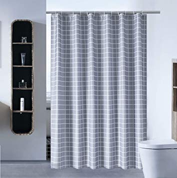 S·Lattye Elegant Shower Curtain Liner for Bathroom Water Repellent Fabric Washable Cloth (Hotel Quality, Friendly, Heavy Weight Hem) with White Plastic Hooks 72" x 72", Standard Gray Grid