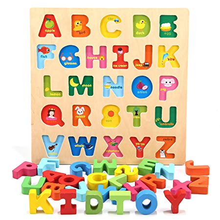 Jamohom Wooden Alphabet Puzzle Baby Learning Letters Blocks ABC Chunky Puzzle Educational Toys for Boy and Girl Gifts