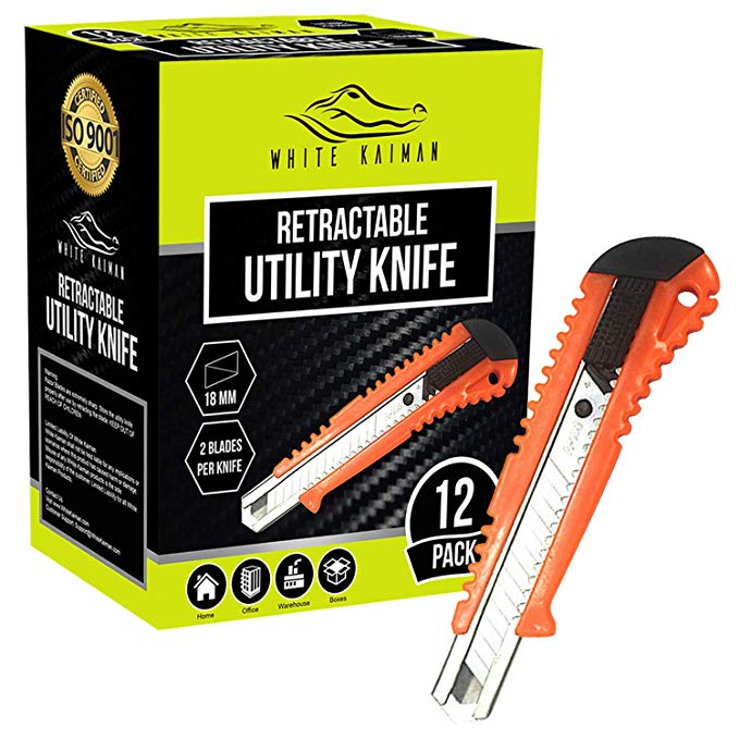 Utility Knife Retractable Heavy Duty Box Cutter w/ 2 Blade Per Set by White KaimanⓇ for Warehouse, Office, or Workshop Razor Knife - (12 Pack) Disposable Compact 18MM Retracting Utility Blade-Orange