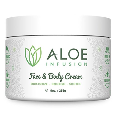 Aloe Infusion Face & Body Moisturizer Cream - Organic Aloe Vera, Shea Butter, Coenzyme Q10, Grape Seed Oil, Kukui Nut Oil - For Acne, Eczema, Psoriasis, Sensitive Skin, Dry & Itchy Skin - 9oz