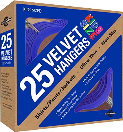 Closet Complete Kids Size, Premium Heavyweight, Velvet Hangers – Ultra-Thin, Space Saving, No-Slip, Perfectly Sized For Kids 4-15 years, - Blue, Set of 25
