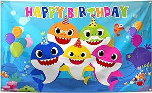 Infant Cute Happy Birthday Coloured Shark Underwater World Banner 3×5 FT Birthday Party, Bedroom Living Room Children's Room Wall Decoration Suitable For Boys, Girls Children, Blue