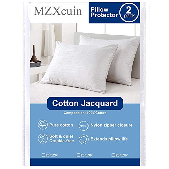 MZXcuin 100% Cotton Pillow Protectors, (2 Pack) Zipper Pillowcases Premium Allergy Dust Mite Bed Bug Control – Anti-Microbial 300 Thread Count Pillow Covers (2, King 20" x 36")