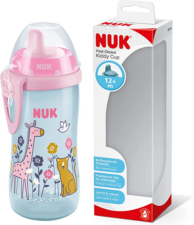 NUK Kiddy Cup Toddler Cup | 12  Months | 300 ml | Leak-Proof Toughened Spout | Clip & Protective Cap | BPA-Free | Pink