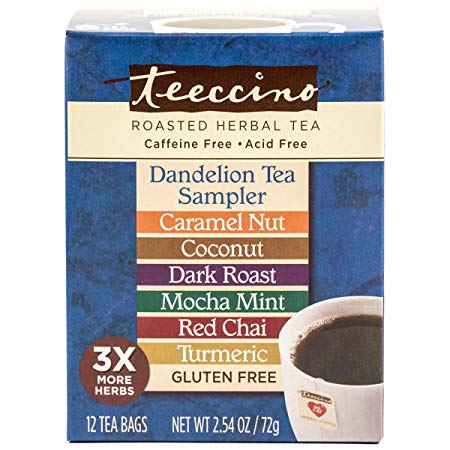 Teeccino Dandelion Roasted Herbal Tea Sampler Pack (Caramel Nut, Coconut, Dark Roast, Mocha Mint, Red Chai, Turmeric), Caffeine Free, Gluten Free, Acid Free, Coffee Substitute, Prebiotic, 12 Tea Bags