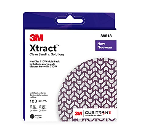 3M Xtract Cubitron II Net Disc 710W, 5 in, 12 Piece Multi-Pack Hook and Loop Sanding Discs, 80 , 120 , 180 , 220 , 240 , 320 , Virtually Dust-Free, Assorted Grades, 88518,Purple