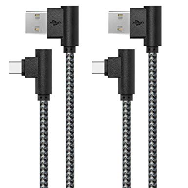 90 Degree Type C Cable, 2-Pack (3ft) USB C to USB A Fast Charger Nylon Braided Sync Cord for Samsung Galaxy S9 S8 Note 8, LG V20 G5, Google Pixel, Moto Z, MacBook (Black Gray, 3ft)
