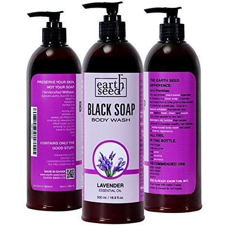 Antifungal Body Wash Enriched with 2 Essential Oils – Lavender & Tea Tree – Handmade with African Black Soap, by Earth Seed – Face Wash & Shampoo Eliminates Eczema, Acne– 16.9 Fl Oz