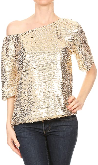 Anna-Kaci Womens Short Sleeve One Shoulder Sexy Sequin Top Blouse