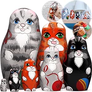 AEVVV Cat Nesting Dolls Set of 7 pcs - Matryoshka Nesting Dolls with Cat Figurines - Kitten Nesting Dolls - Cat Decor for Cat Lovers - Cat Themed Gifts