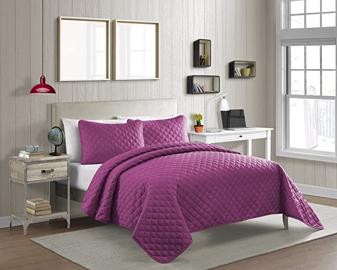 Cozy Bed Vibrant Color Solid Pinsonic Diamond Quilt Set, Twin X-Long/2Piece, Purple, 2 Piece