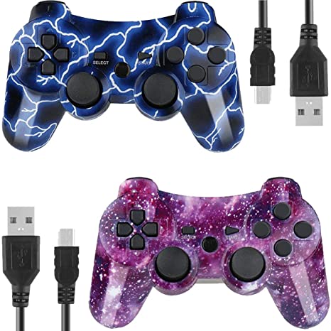 Controllers for PS3 Playstation 3 Dual Shock, Wireless Bluetooth Remote Joystick Gamepad for Six-axis with Charging Cable (Pack of 2, BlueFlash and StarrySky)