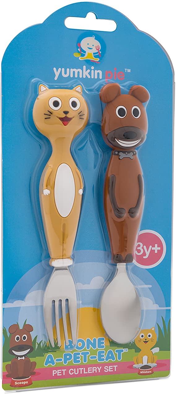 Bone A-Pet-Eat Kids Cutlery Utensils Set - Toddler Fork and Spoon with Scoops the Dog and Whiskers the Cat - Stainless Steel Flatware with Soft Silicone Handles - By Yumkin Pie
