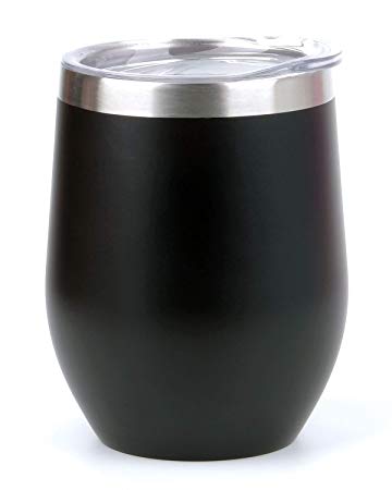 Insulated Wine Tumbler with Lid, Stemless Stainless Steel Insulated Wine Glass 12oz, Black Matt Finish-Double Wall Durable Coffee Mug, for Champaign, Cocktail, Beer, Office use, by SUNWILL