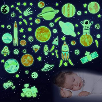 75 Pieces Glow in the Dark Wall Decor Solar System Wall Stickers, Glowing Stars Planets for Ceiling Planets Space Wall Decals for Nursery Explorer Baby Boys Girls Kids Bedroom Playroom Classroom Decor