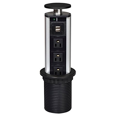 BINGONE Hide-power Pull-up Station Desktop, Three Outlets, Plastic & Aluminium , US Version, Black (black top, USB up)