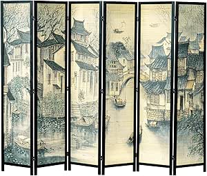 MyGift 6 Panel Large Freestanding Bamboo Room Divider Privacy Partition with Dual-Sided Vintage Asian Water Village Ink Brushed Print Design, Solid Black Wood Framed Decorative Artwork Folding Screen