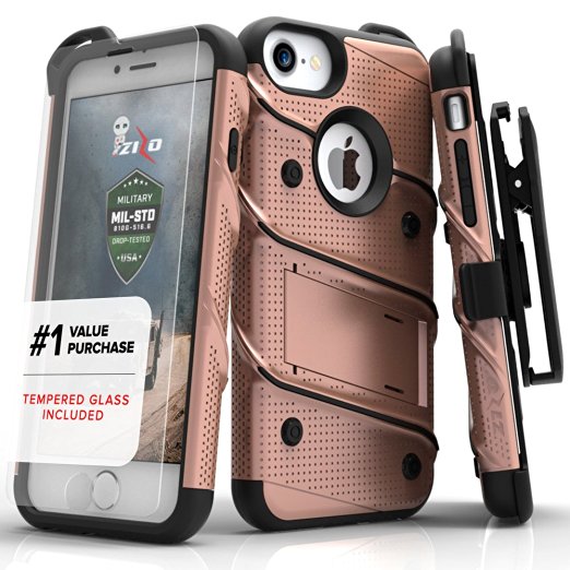 iPhone 7 Case, Zizo Bolt Cover with [.33mm 9H Tempered Glass Screen Protector] Heavy Duty Armor [Military Grade] Kickstand Holster Belt Clip