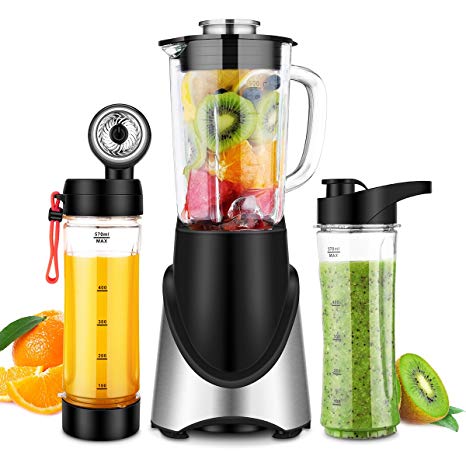 3 in 1 Personal Blender Vacuum for Smoothies Shakes, Powerful 300W(24,000RMP) 6 Sharp Blades, Small Blender Single Serve with 21 oz Glass Jar & Two 20 oz Bottles, Black