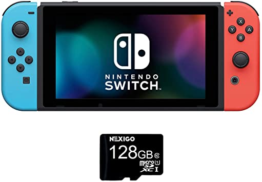 NexiGo Nintendo Switch Console - Neon Blue and Neon Red Joy-Con 128GB MicroSD Card Holiday Bundle