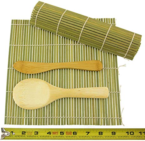 JapanBargain, Sushi Making Kit Bamboo Sushi Rolling Mat Sushi Roller with Rice Scoop Paddle Butter Spreader Set (1, Green/Green)
