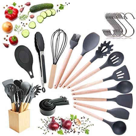 Utensils Set for Cooking with Silicone Head, Wood Handle and Wooden Container (23 Pieces   Bonus Hanging Hooks) - Kitchen Utensil Tools Set - Gray