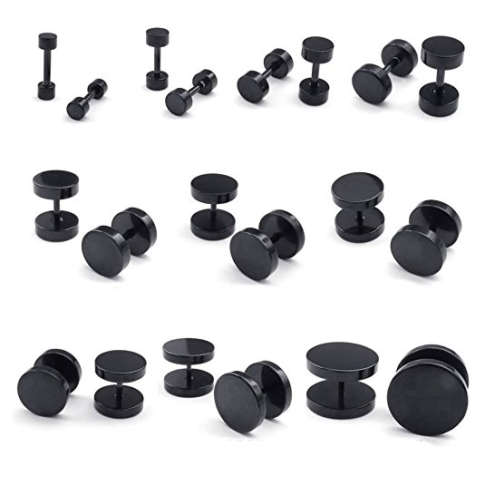 KONOV Mens Womens Stainless Steel Round Tunnel Plug Stud Earrings Set, 10 Pairs 3-14mm, Black