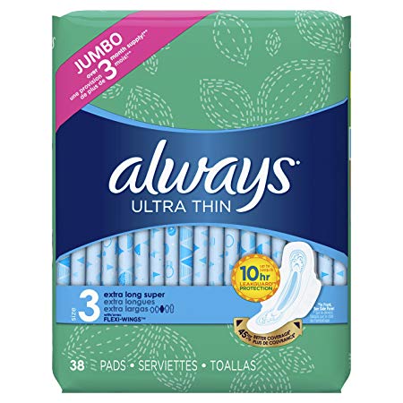 Always Ultra Thin Pads Size 3, Extra Long, Super Absorbency With Wings, Unscented, 38 count