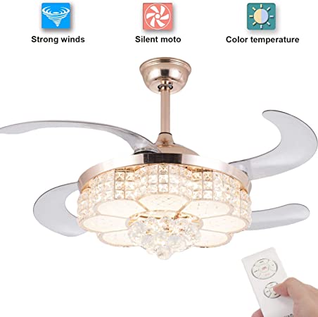 Crystal Ceiling Fan with Light and Remote LED Retractable Ceiling Fan 3 Light Change Silent Fan Chandelier 36W 42 Inch (Rose Gold)