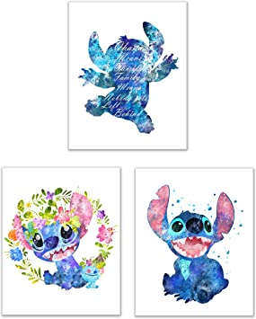 Lilo & Stitch Wall Art - Set of 3 (8 inches x 10 inches) Ohana Means Family Poster Prints Coachella Watercolor Quote