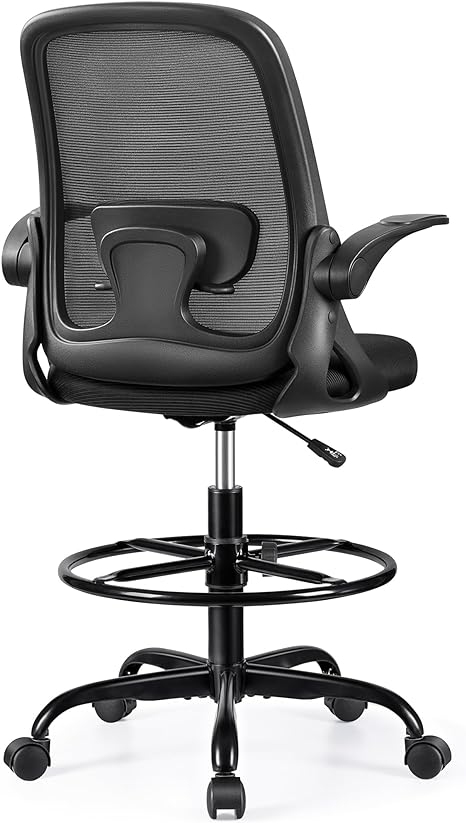 Winrise Drafting Chair Tall Office Chair Ergonomic Desk Chairs with Lumbar Support and Flip-up Armrests, Adjustable Height Comfy Computer Chair with Swivel Task and Adjustable Foot Ring(Black)