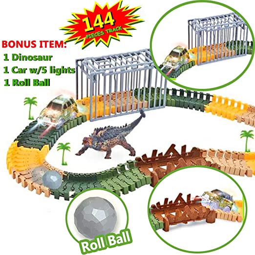 Race Car Track Dinosaur Toys Train Track Set 144 Pieces Flexible Tracks Set 1 Dinosaur Military Vehicles w/5 LED Lights,1 Rolling Ball,1 Iron Cage,1 Wooden Bridge and More Accessories,Boys and Girls …