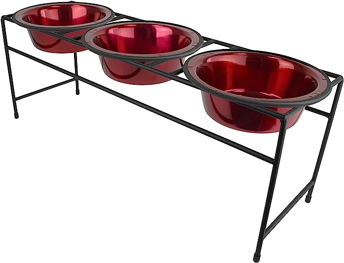 Platinum Pets Modern Triple Diner Feeder with Stainless Steel Dog Bowls, Large, Candy Apple Red