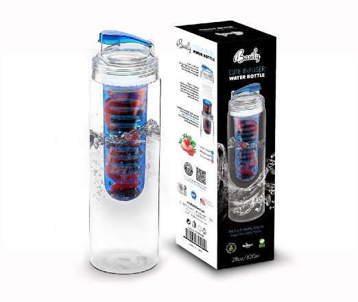 Basily Elite Infuser Water Bottle - 28 ounce - Made with Commercial Grade Tritan - PLUS Recipe Ebook INCLUDED Blue Blue