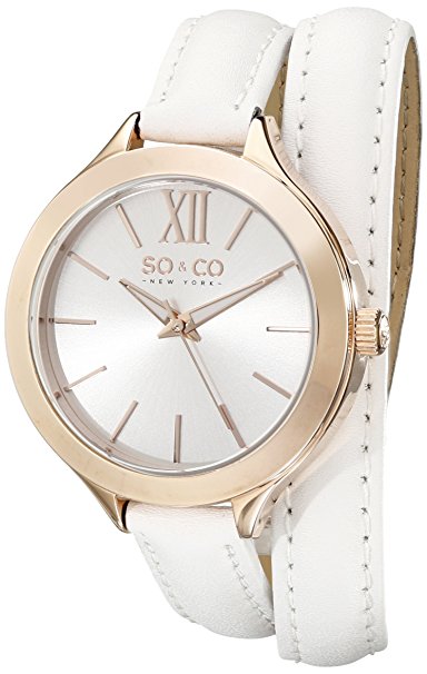 SO&CO New York Women's 5047.3 SoHo Gold-Tone Stainless Steel Watch with White Wraparound Leather Band