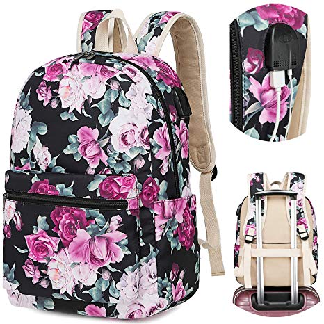 Girls School Backpack Travel Laptop Women College School Bag 15.6in USB Daypack Outdoor With Trolley Case Slot (Rose Black-0055)
