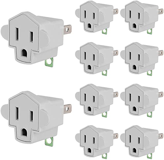 3 Prong to 2 Prong Polarized Grounding Adapter Wall Outlet Converter JACKYLED 3-Prong Adapter Converter Fireproof Material 200℃ Resistant Heavy Duty for Household, Electrical, Indoor Use Only, 10 Pack