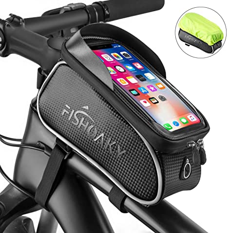 Bike Front Frame Bags, FISHOAKY Waterproof Bicycle Phone Mount Bag, Sensitive Touch Screen Sun Visor Large Capacity Top Tube Bike Bag Fits for iPhone X Xs Max 8 plus Below 6.5"