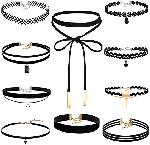 Akstore 10 PCS Velvet Choker Classic Choker Necklace Layered Black Chokers Necklaces Cute Black Velvet Choker Necklace Womens (10)