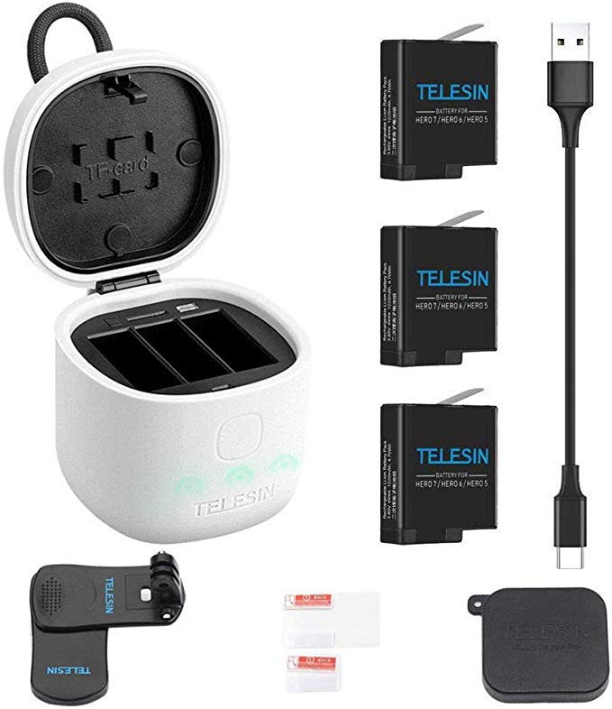 TELESIN 3-Pack Batteries and 3-Channels USB Charger for GoPro Hero 8 Hero 7 Black Hero (2018) Hero 6 Hero 5 Black, with Accessories Backpack Shoulder Mount , Lens Cover Cap, Lens Screen Protector Film