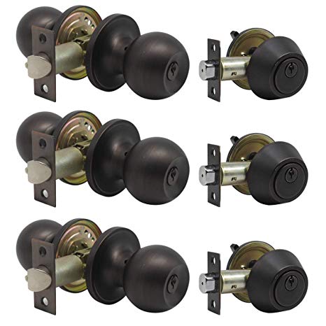 3 Pack Keyed Alike Entry Door Knobs and Single Cylinder Deadbolt Lock Combo Set Security for Entrance and Front Door with Classic Oil Rubbed Bronze Finish