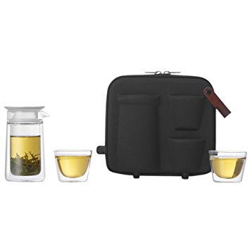 ZENS Lifestyle Portable Tea Set for 2, Double Wall Glass Teapot with Built in Infuser, 2 Clear Insulated Glass Cups, Black EVA Bag for Travel and Outdoor Picnic