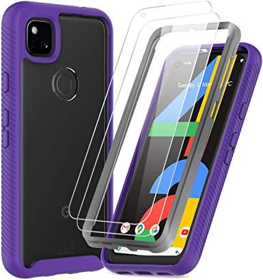 Pixel 4a Case, Google Pixel 4a Case (Not Fit Pixel 4A 5G) with 2 Tempered Glass Screen Protector, LeYi Full Body Protective Rugged Hybrid Bumper Shockproof Clear Phone Cover Case for Pixel 4a Purple