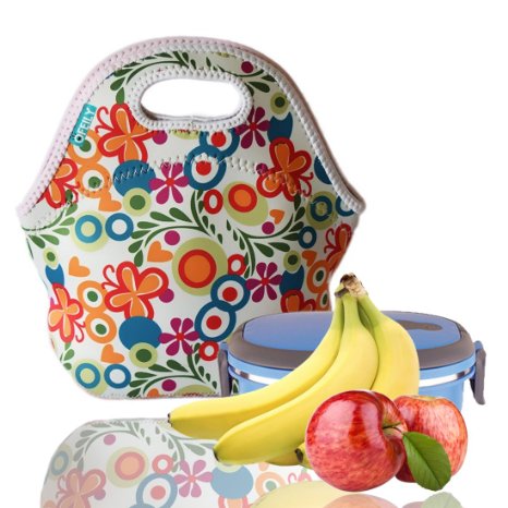 Lunch Tote, OFEILY Lunch boxes Lunch bags with Fine Neoprene Material Waterproof Picnic Lunch Bag Mom Bag (Flower Dot)
