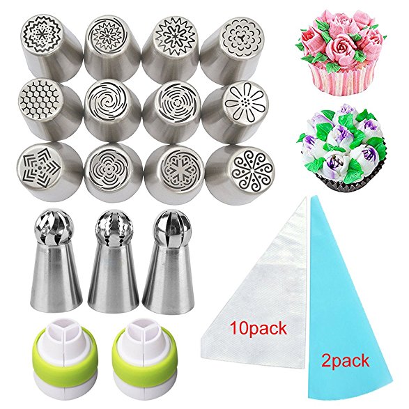 Russian Piping Tips Cake Decoration Tips Set for Cupcakes Decorating Cookies Pastry Making DIY Tools (29pcs) Stainless Steel Piping,Couplers Reusable Silicone Pastry Bag,Disposable pastry bag