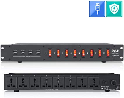 PDU Power Strip Surge Protector - 150 Joule 8 Outlet Strips Surge Protector Heavy Duty Electric Extension Cord, Rack Mount Protection Power Outlet W/ 8 Front Switch, 4 USB Charge Ports - Pyle PDBC90