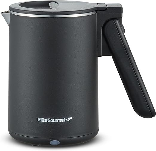 Elite Gourmet EKT719 Dual Volt 110-220V, Travel Double Wall Insulated Cool-Touch, 0.6L Electric Kettle, Stainless Steel Interior, Hinged-Locking Lid, Retractable Handle, Auto Shut-Off, Boil Dry, Black