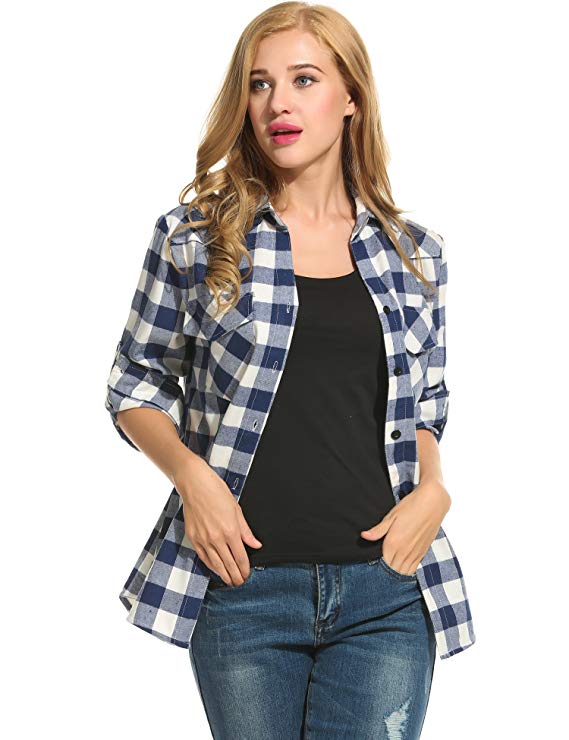 Women's Plaid Flannel Shirt, Roll Up Long Sleeve Checkered Cotton Boyfriend Shirt