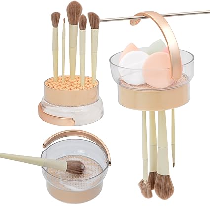 Makeup Brush Cleaning Mat and Easy to Dry with Upside Down.3 in 1 Makeup Brush Holder Cosmetic Facial Brush Organizer Cleaner for Storage & Air Dry(No Lid, Cream Color)